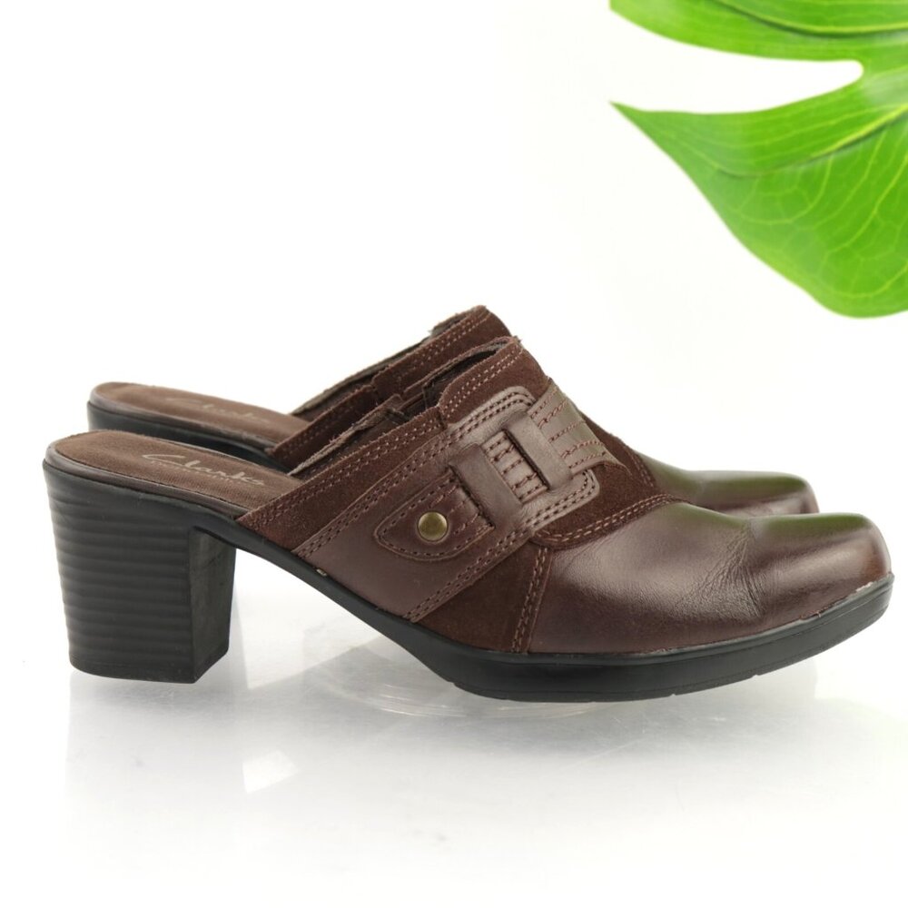 Clarks Womens Scheme‎ Amber Mules Size 7.5 Brown Leather Block Heel Comfy Shoes
